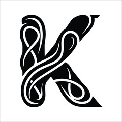 A stylized letter K featuring a Celtic knot design, showcasing intricate patterns and a bold, black and white contrast.