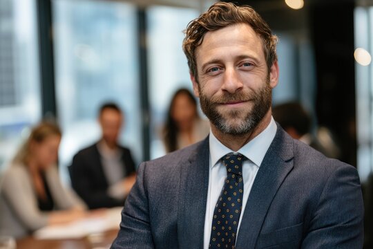 Bearded businessman smiles in a bright modern office meeting setting. - Powered by Adobe