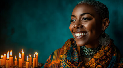 A woman smiles brightly against a teal backdrop during Kwanzaa, AI