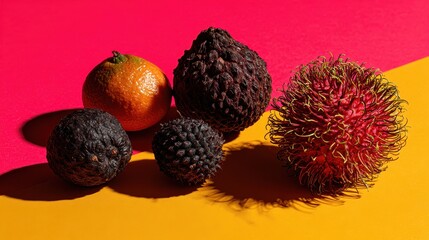 Exotic Fruit Still Life - Rambutan, Lychee, and Mandarin Orange.