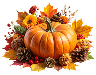  Rustic Fall Pumpkin Arrangement with Flowers, Leaves, and Pine Cones for Thanksgiving, transparent background.
