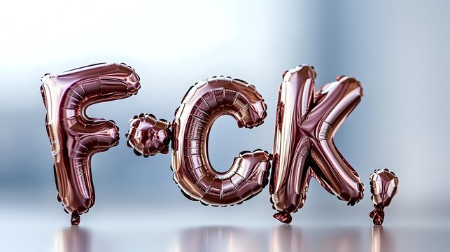Rose gold foil balloons spelling out expletive word against blurred background, conveying frustration or strong emotion for social media or blog content.
