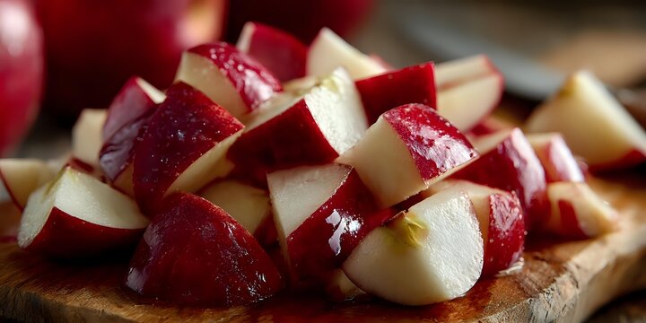 Fresh red apples cut into juicy chunks on wooden cutting board, ready for cooking or snacking.