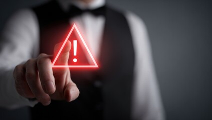 Person in formal wear points at glowing red warning icon.