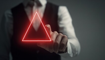 Person touching glowing red neon triangle interface element