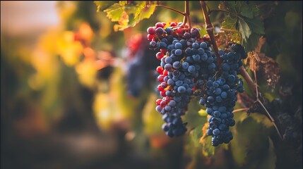 Ripe purple and red grape clusters hanging on vine with autumn-colored leaves in vineyard at sunset, perfect for wine industry marketing.