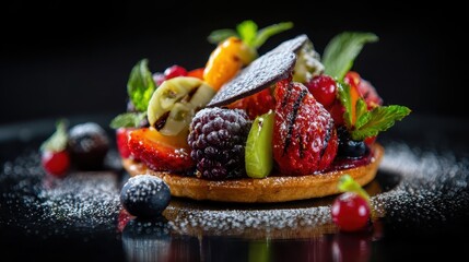 Exquisite Fruit Tart with Fresh Berries and Mint on Dark Plate.
