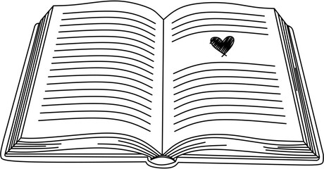 Open journal book hand drawn with love heart sketch outline