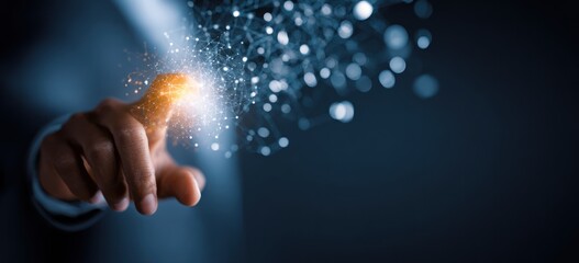 Hand touching glowing digital network structure against dark background