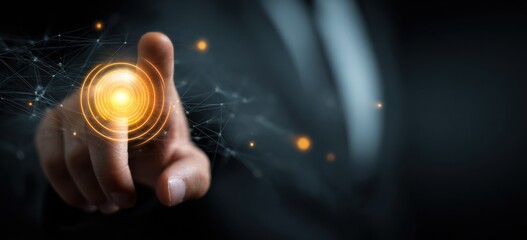 Finger interacts with glowing digital network interface against dark background.