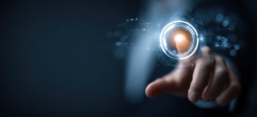 Finger interacting with glowing futuristic digital interface element.