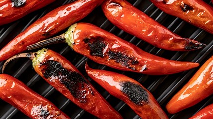 Grilled red chili peppers with charred marks on barbecue grill, showcasing vibrant color and smoky texture for spicy cuisine preparation.