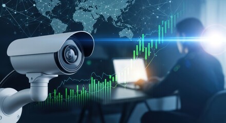Security camera monitors global data trends with rising financial charts.
