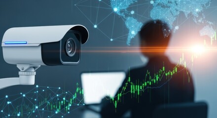 Security camera monitors global network data and financial charts.