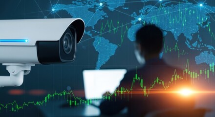 Security camera monitors global data and financial market activity.