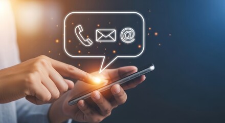 Hands interacting with smartphone displaying communication icons digitally