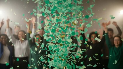 Dynamic team celebrates success with falling confetti in a vibrant office setting, creating a moment of pure joy and achievement together - Powered by Adobe