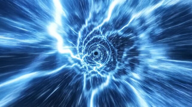 Flying quickly through an endless tunnel of glowing blue energy lines suggesting temporal distortion and hyperspace travel temporal distortion, space, visualization