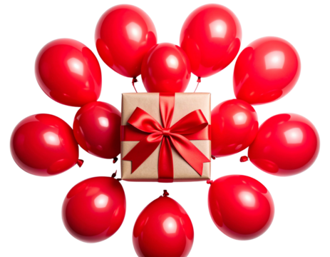 Flat-Lay Red Balloons with Gift Box for Party Decor, transparent background. - Powered by Adobe