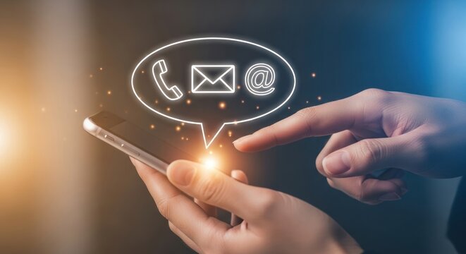 Finger touching glowing communication icons above a mobile phone. - Powered by Adobe