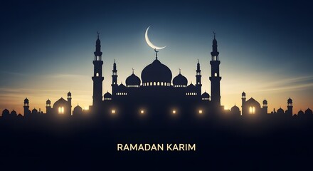 Beautiful night mosque silhouette under crescent moon and glowing lanterns with Ramadan Karim text, peaceful Islamic background for holy month greeting design