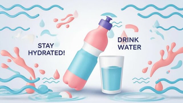Hydration concept bottle and glass displaying water and water drops illustration
