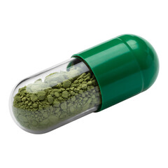 Green supplement capsule containing powder for herbal medicine or healthy nutritional product against transparent background single pill