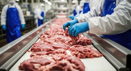 Workers in blue gloves inspecting fresh raw meat on a conveyor belt at a food processing plant production line.