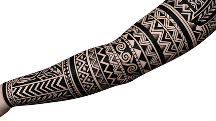 Intricate tribal tattoo sleeve design on a human arm