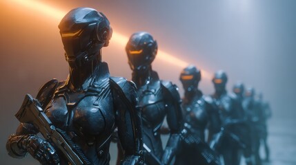 Fototapeta premium Robotic figures in futuristic attire indoor setting