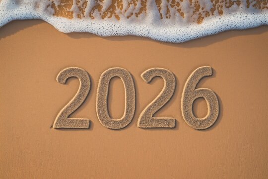 2026 partially washed away by a gentle ocean wave on a sandy beach, symbolizing changing year, fresh start and hopeful new beginnings with copy space