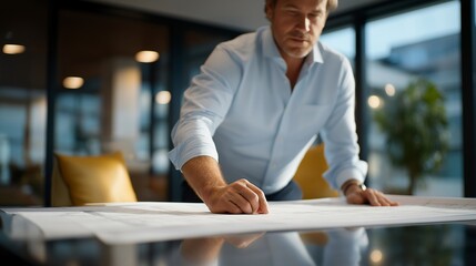 An architect reviewing blueprints laid across a glossy table, reflections of lines and measurements creating a mirrored blueprint effect — design precision, architectural creativity, and