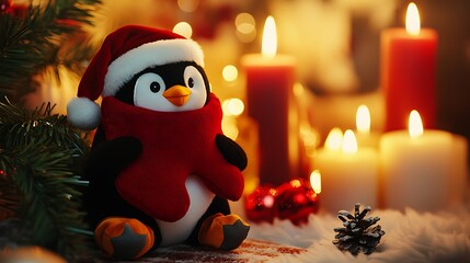 Stuffed penguin hugging red stocking sitting by Christmas candles