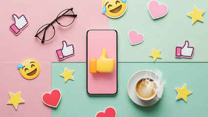 Colorful flat lay of smartphone with social media icons and coffee
