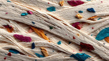 Macro of beige recycled craft paper with natural fiber and small colorful inclusions. Natural background for eco design, packaging or sustainable texture, copy space