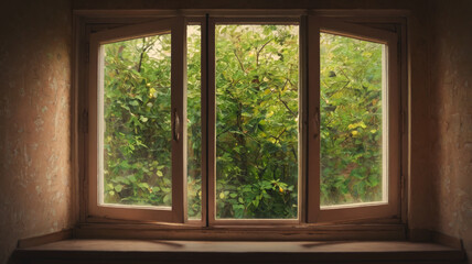 Cozy window view with lush greenery and natural light illuminating space