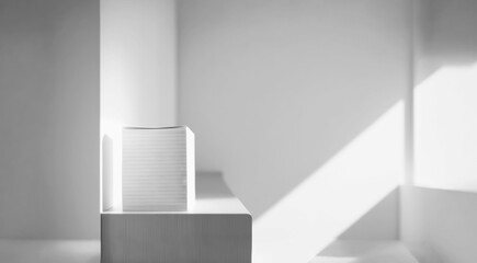 Minimalist white block on wooden surface with soft light and shadows