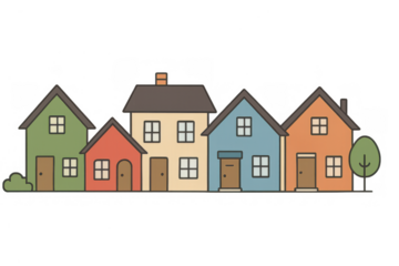 Row of cartoon houses forming a street neighborhood scene, representing community, real estate, and living concepts