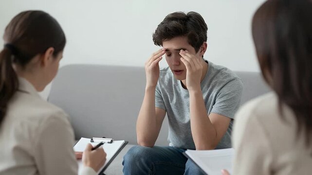 Young man experiencing stress during therapy session with counselor discussing mental health and emotional well-being challenges