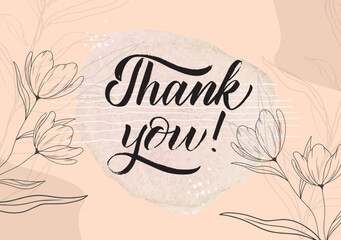 Thank you message elegant brush script on a soft pastel background with watercolor texture and delicate line art flowers