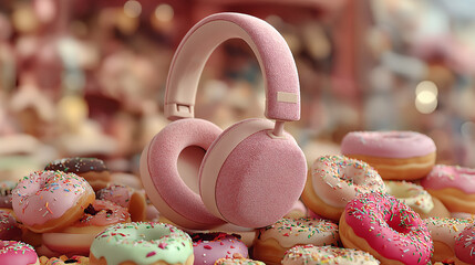 Flat mock-up headphones paired with donut playful food theme audio equipment technology lifestyle fun creative generated ai