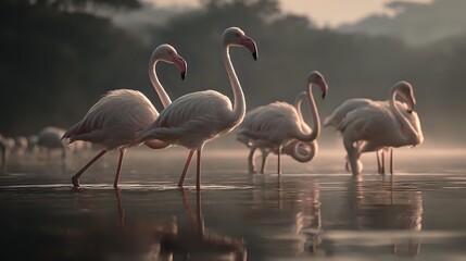 Elegant flamingos wading in misty lake water at dawn, creating a serene wildlife scene with soft golden light reflecting on the tranquil surface.