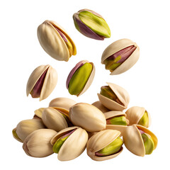 Pile of Pistachios with Open Shells and Green Kernels Falling and Stacked Together on Transparent Background Studio Shot
