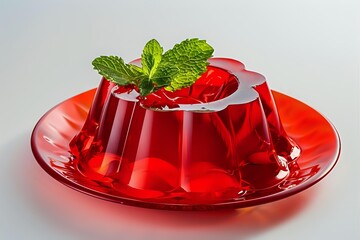 Vibrant red gelatin dessert on matching plate garnished with fresh mint leaves, showcasing translucent texture and molded shape for food photography.