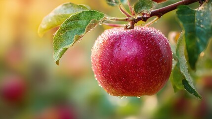 Fresh red apple with dew drops hanging from a green branch, surrounded by lush foliage, capturing the essence of nature's beauty and the harvest season