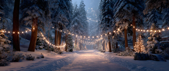 Christmas background banner with a winter alley among snow-covered fir trees with christmas lights in soft garland light