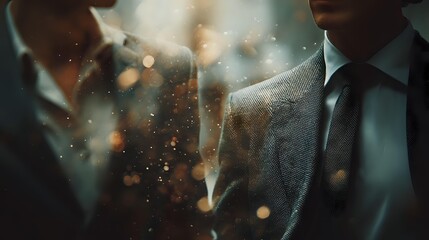 Businessman in elegant suit with glowing particles creating atmospheric mood for corporate and leadership concepts.