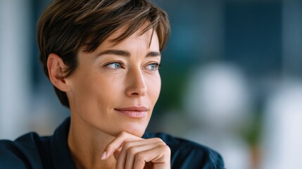 Thoughtful woman with short brown hair is resting her chin on her hand, gazing thoughtfully, in a bright and modern workspace, reflecting on ideas and concepts