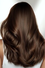 Naklejka premium Luxurious brown hair with soft waves and glossy shine, viewed from behind against white background. Ideal for hair care advertising.
