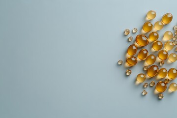 Golden omega-3 fish oil capsules and vitamin D supplements scattered on light blue background for health and nutrition concept.